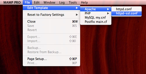 edit apache httpd-ssl.conf file in mamp template